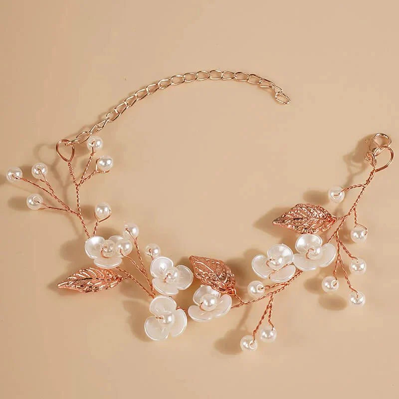 Bracelet mariée fleurs et perles Or rose, vue détaillée perles et finitions