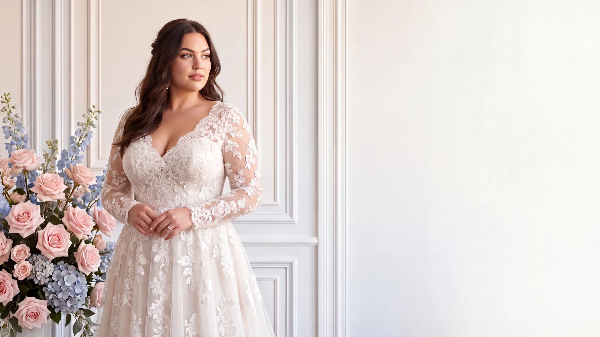 mariée grande taille en robe de dentelle à manches longues devant un mur blanc fleuri