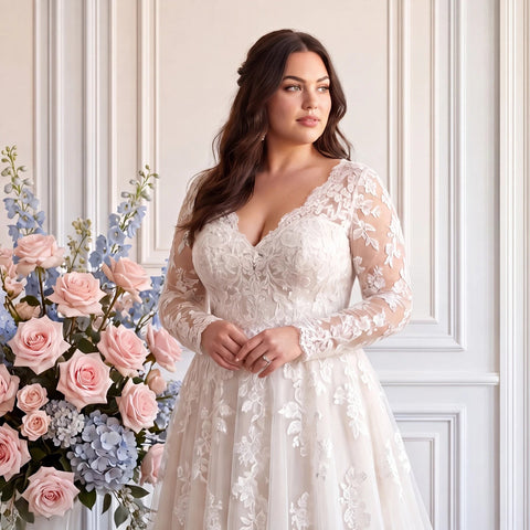 mariée grande taille en robe de dentelle à manches longues devant un mur blanc fleuri