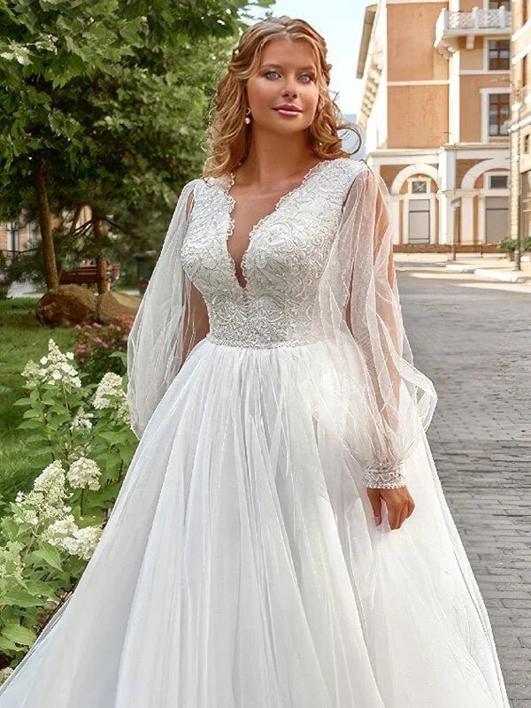 Robe de Mariée à Manches Bouffantes Grande Taille