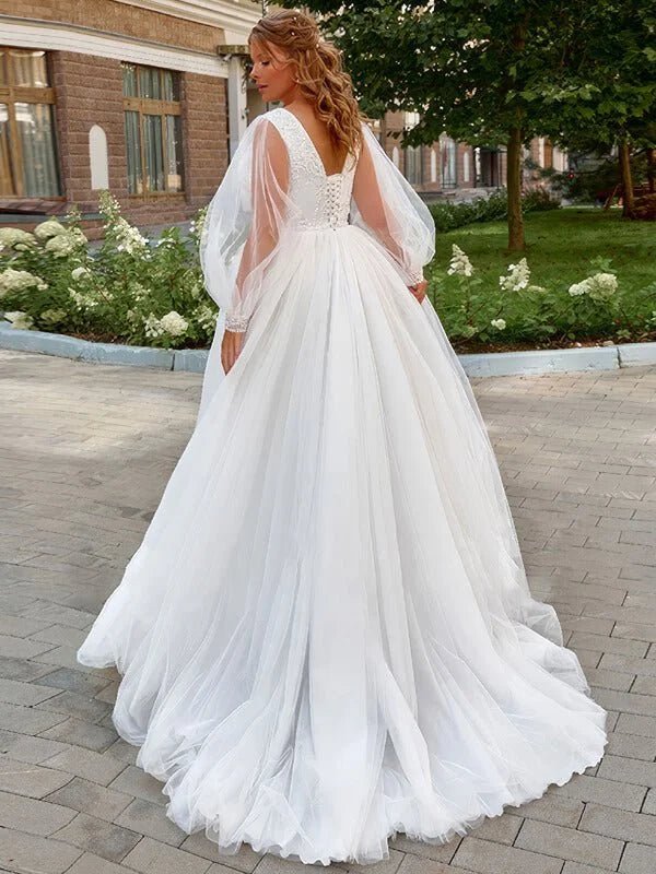 Robe de Mariée à Manches Bouffantes Grande Taille