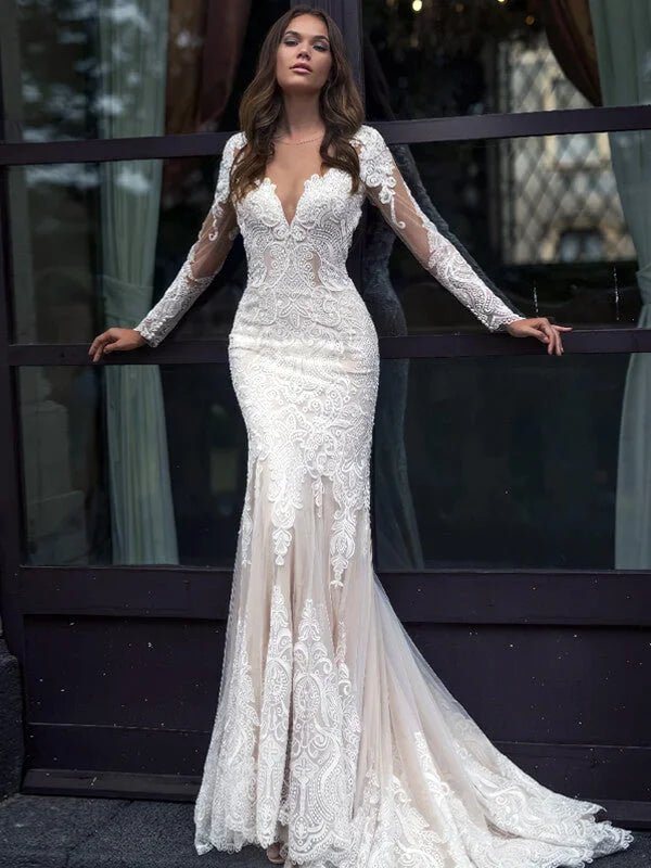 Robe de Mariee Elegante Sirene Manches Longues