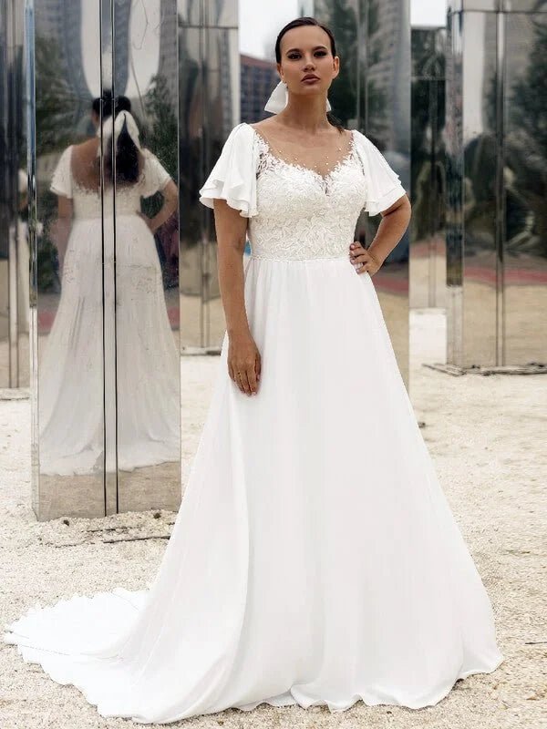 Robe de Mariée Mousseline Femme Ronde - Vue principale