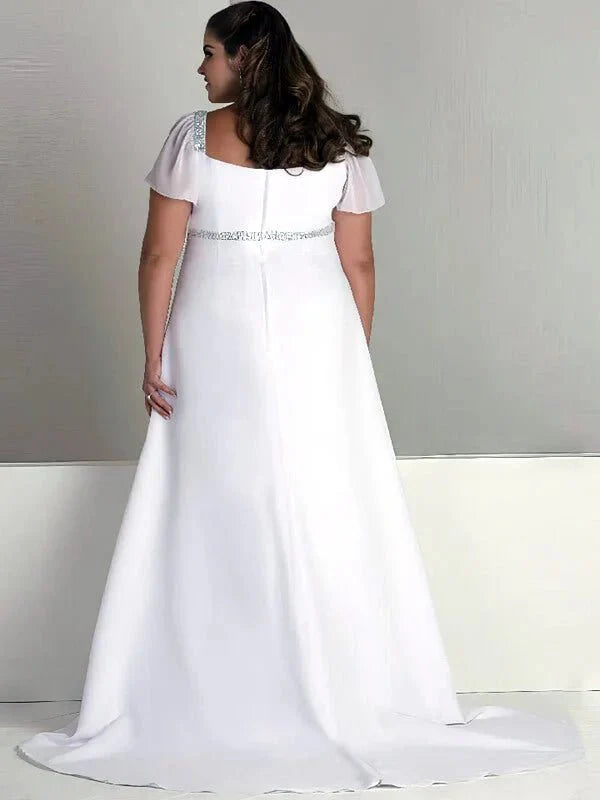 Robe de mariée mousseline pour femme ronde, vue de profil, silhouette et tombé du tissu