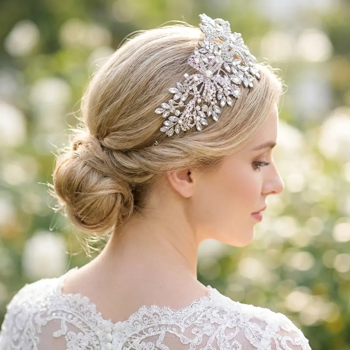 Serre-tête mariage Rosalie porté, gros plan sur le chignon de la mariée