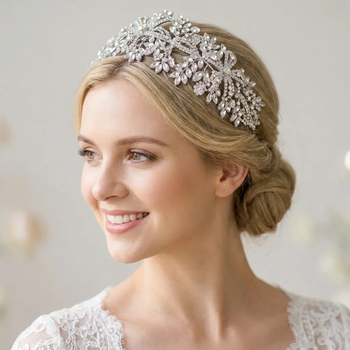 Serre-tête mariage Rosalie porté par une mariée blonde, portrait