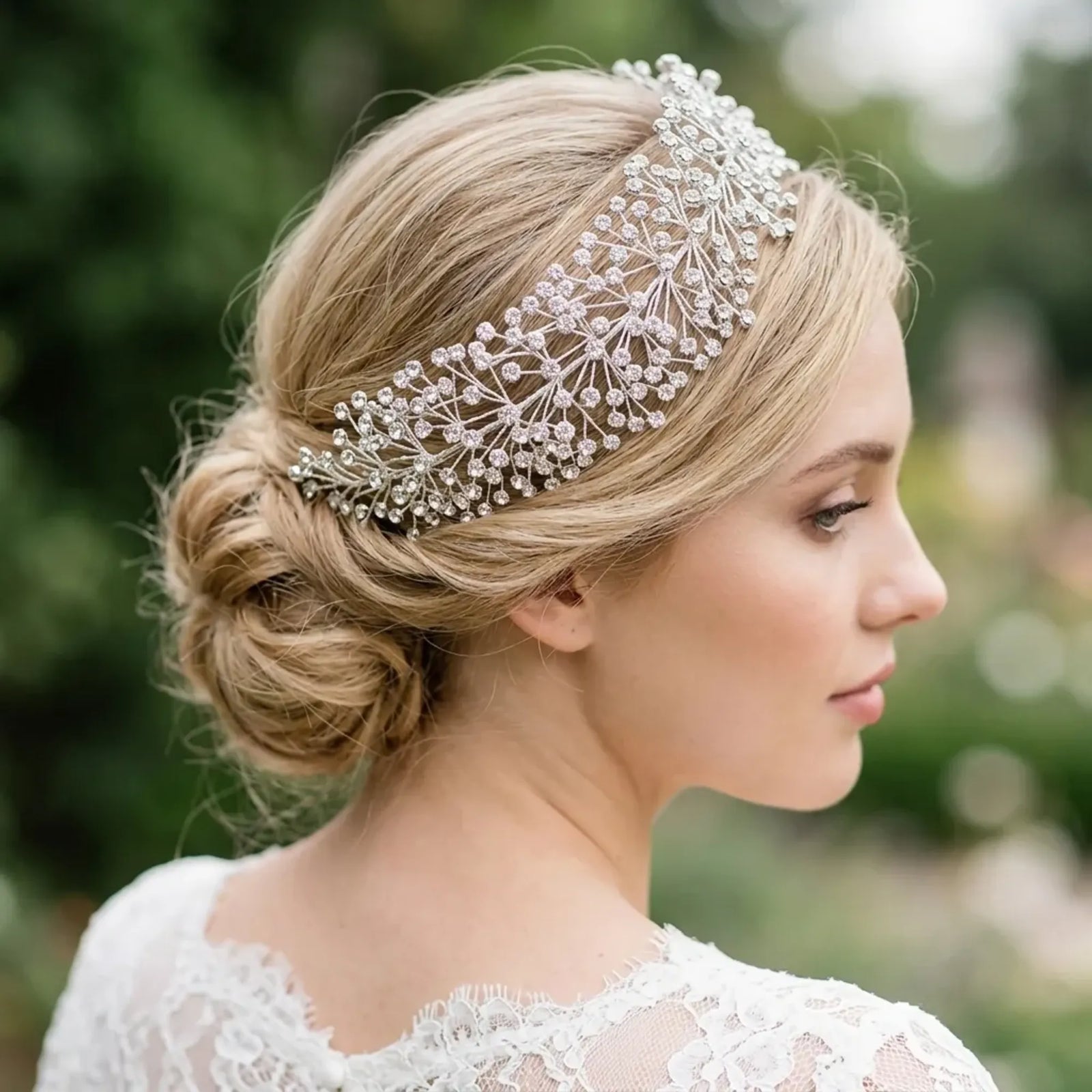 Serre-tête mariée Solène porté, gros plan sur le chignon de la mariée
